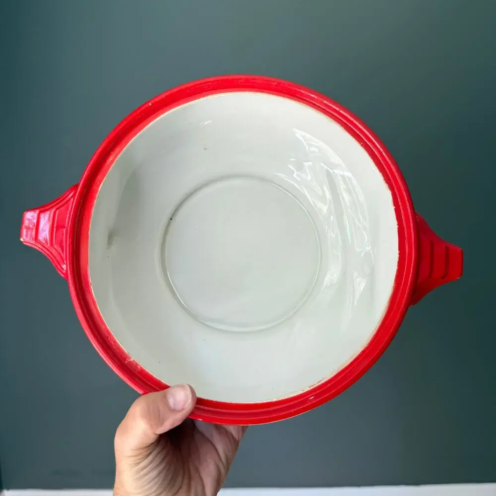 Vintage Hall China Chinese Red Sundial Covered Casserole Art Deco 1930s-50s